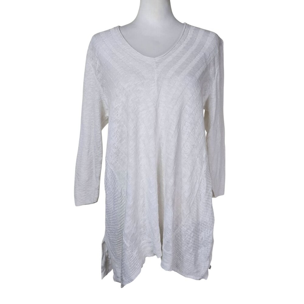 J. Jill Linen V-Neck Textured Tunic Top Sz L White 3/4 Sleeve Coastal Lagenlook